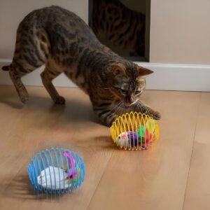 Kedi Oyuncağı Spiral Tel Top & İçinde Peluş Fare, Kediler İçin Etkileşimli Eğlence Oyuncağı